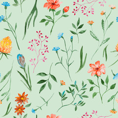 Mixed flowers watercolor painting - hand drawn seamless pattern with blossom on light green
