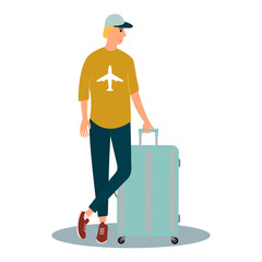Tourist. Man with a suitcase waiting his flight at the airport.Vector illustration on white background.
