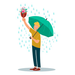 Young man character hold umbrella and bouquet of flowers under rain. Vector illustration on white background in cartoon style