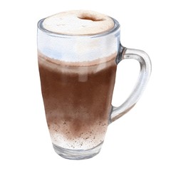 Hand drawn cocoa drink in a glass on watercolor paper. Food illustration.