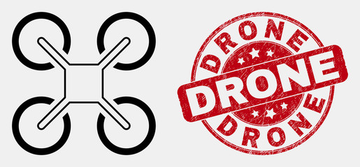 Vector stroke quadcopter pictogram and Drone stamp. Blue round textured stamp with Drone phrase. Black isolated quadcopter symbol in stroke style.