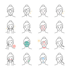 Skin care and problems, beauty treatment vector icons set
