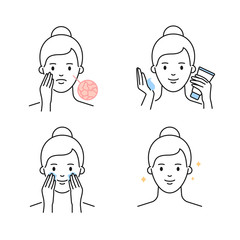Dry skin care, moisturizing, cream applying outline vector icons