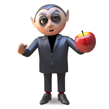 Hungry vampire dracula character looks at a blood red apple, 3d illustration