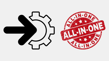 Vector outline integration gear icon and All-In-One seal stamp. Blue rounded textured seal stamp with All-In-One text. Black isolated integration gear icon in stroke style.