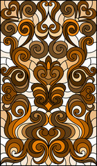 Illustration in stained glass style with abstract  swirls and leaves  on a light background,vertical orientation, sepia