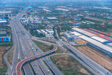 Fototapeta premium Samutprakan,Thailand-June,19,2019:When on the plane before reaching Suvarnabhumi Airport looking down from the window of the plane will see the landscape of Thailand.
