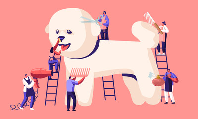 Pet Hair Salon, Styling and Grooming Shop, Pet Store for Dogs. Tine Characters on Ladders Care of Cute Puppy at Groomer Salon, Cut Wool, Brushing Comb, Perfume, Drying Cartoon Flat Vector Illustration