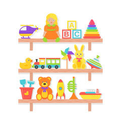 Baby toy on shelf. Vector. Set kids toys. Baby stuff on wooden rack isolated. Colorful cartoon illustration. Collection children icons in flat design on white background.