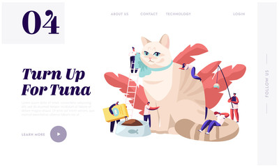 People Spend Time with Pet Website Landing Page. Tiny Characters Caress of Huge Cat, Feed, Play, Dressing. Leisure, Sparetime, Love, Care of Animal Web Page. Cartoon Flat Vector Illustration, Banner