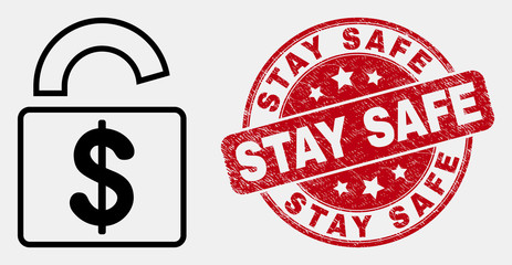Vector linear bank lock icon and Stay Safe seal. Blue round grunge seal with Stay Safe caption. Black isolated bank lock icon in contour style.