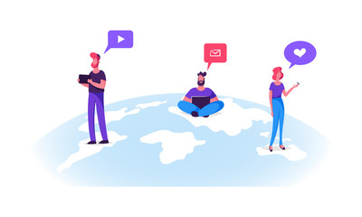 Young People Characters Stand on Earth Globe Surface with Mobile Devices, Tablet, Laptop, Smartphone. Chatting in Social Networks, Communicating Online, Social Media Cartoon Flat Vector Illustration