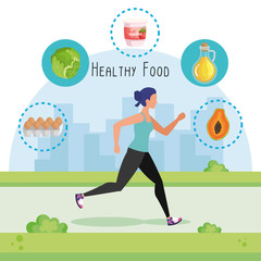 woman running with eggs and pawpaw with lettuce