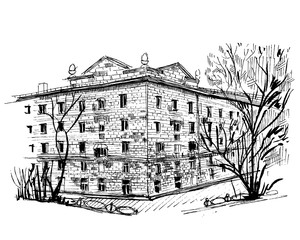 Detailed hand drawn ink black and white illustration of house, tree. sketch. Vector eps 8