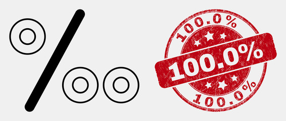Vector linear per mille icon and 100.0% seal. Blue round scratched watermark with 100.0% phrase. Black isolated per mille icon in linear style.