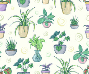 Seamless pattern with home plants in pots