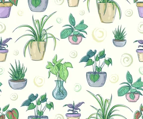 Wall murals Plants in pots Seamless pattern with home plants in pots