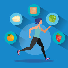 woman running with fruits and lettuce with cheese and bread