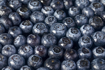 Fresh blueberry with drops of water on blue wooden background. Top view. Concept of healthy and dieting eating