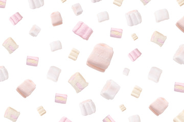 pattern of beautiful white and pink marshmallows, marshmallows levitating isolated on white background