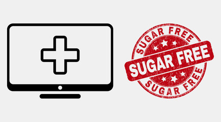 Vector outline computer medicine pictogram and Sugar Free seal stamp. Blue round distress seal stamp with Sugar Free title. Black isolated computer medicine pictogram in contour style.