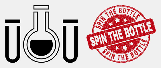 Vector outline chemical tubes icon and Spin the Bottle seal stamp. Blue round textured seal stamp with Spin the Bottle message. Black isolated chemical tubes icon in contour style.