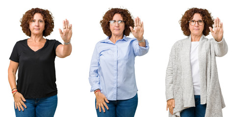 Collage of middle age senior woman over white isolated background doing stop sing with palm of the hand. Warning expression with negative and serious gesture on the face.