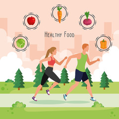 Fototapeta premium woman and man running with vegetables and fruits