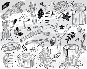 Hand Draw Nature Wood Logs Elements