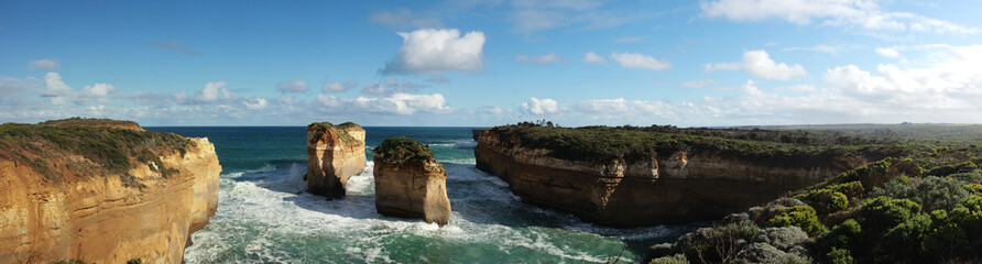 panoramic view of wild winter waves crashing into Loch Ard gorge, famous site of a shipwreck, great...