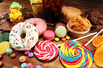 Unhealthy products with sugar. food bad for figure, skin, heart and teeth.