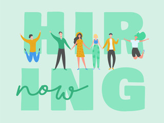 Fototapeta premium Happy people on hiring banner, recruitment concept with people characters, agency interview, join our team. Template for web landing page, presentation, social media. Vector illustration