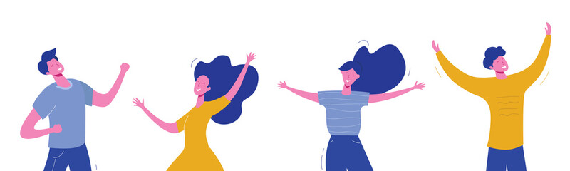 Set of young people on white background. Stylish modern vector illustration with happy male and female characters, teenagers, students. Party, sport, dance and friendship team concept