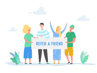 Obraz na płótnie Canvas Refer a friend concept with banner and business character people holding sign, smiling man and woman illustration. Friendship, leadership, business team, social diversity concept in vector