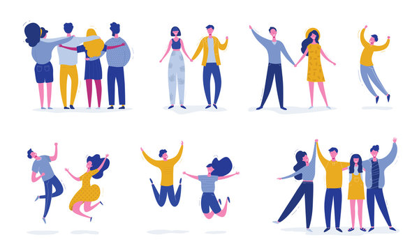 Set of young jumping friend people characters. Stylish modern vector illustration with happy male and female characters, teenagers, students. Party, sport, dance and friendship team concept