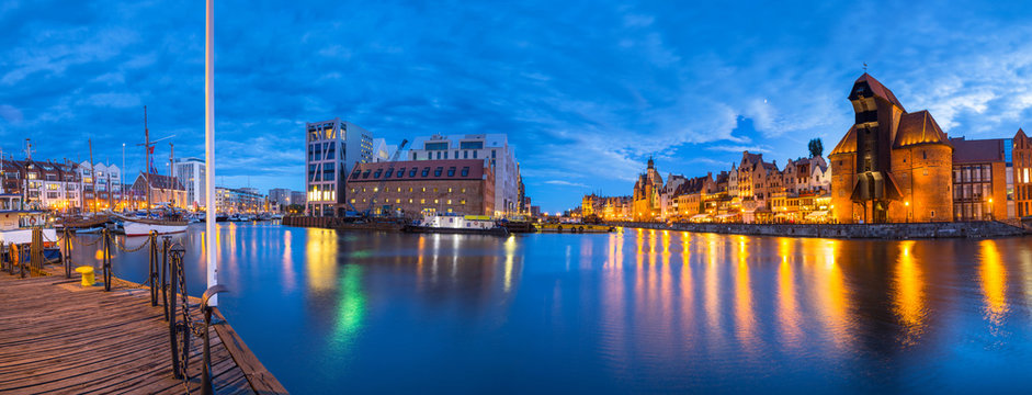 Panorama of Gdansk over Motlawa river at dusk, Poland