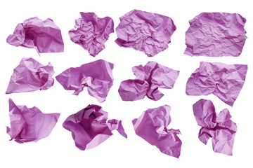 Close-up group of purple crumpled paper isolated on a white background