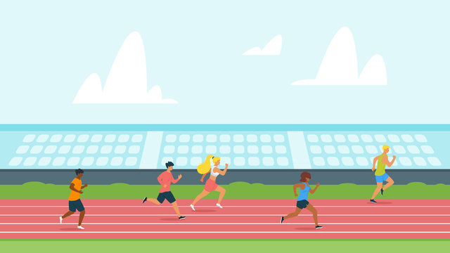 Highschool Students Running Track Flat Vector Illustration