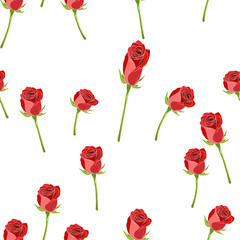 Red rose buttons on the stem vector seamless pattern on a white background.