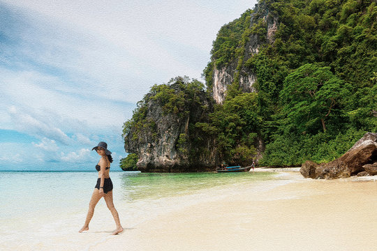 Illustration woman in bikini and sunhat walking on the beach in mosaic tiles. - Powered by Adobe