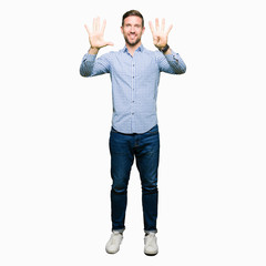Handsome business man with blue eyes showing and pointing up with fingers number nine while smiling...