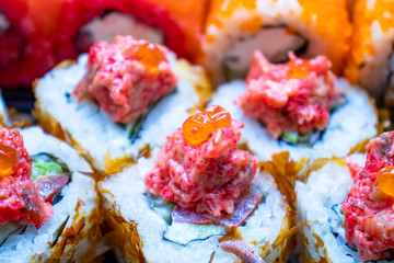 Sushi set close up. Photograph of traditional dishes. Food concept