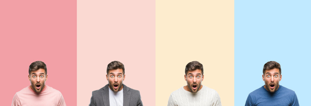 Collage of handsome young man over colorful stripes isolated background afraid and shocked with surprise expression, fear and excited face.