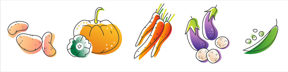 Collection of eco natural harvest products, illustrations in sketchy style of healthy eco natural vegetables, free hand vector drawing.  Images of farming veggies, good for farming market, restaurant