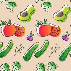 Seamless vector pattern made of simple handdrawn illustrations in freehand style. Cute and simple veggie images made in modern linear style. Tomato, avocado, broccoli design pattern good for print 