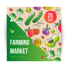 Vivid color social media vector templates made as illustrations with ads. Graphic design concept for eco market, farming and vegeterian eco natural themes. Good for media post or print flyers.