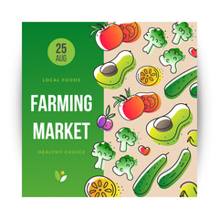 Vivid color social media vector templates made as illustrations with ads. Graphic design concept for eco market, farming and vegeterian eco natural themes. Good for media post or print flyers.