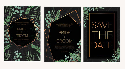 Wedding floral invitation, thank you modern card: rosemary, eucalyptus branches wreath on black marble texture with a golden geometric pattern. Trendy design template. 