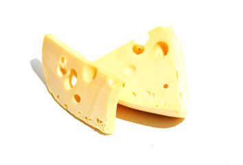 Close-up piece of cheese isolated on white background, food photo