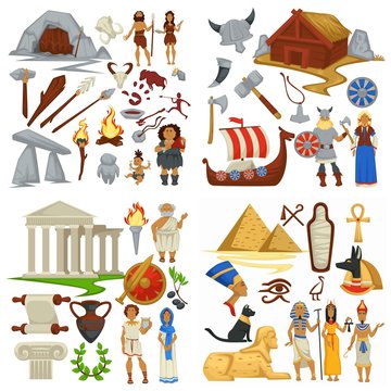 Ancient civilizations primitive people and vikings Antique Greece and Egypt